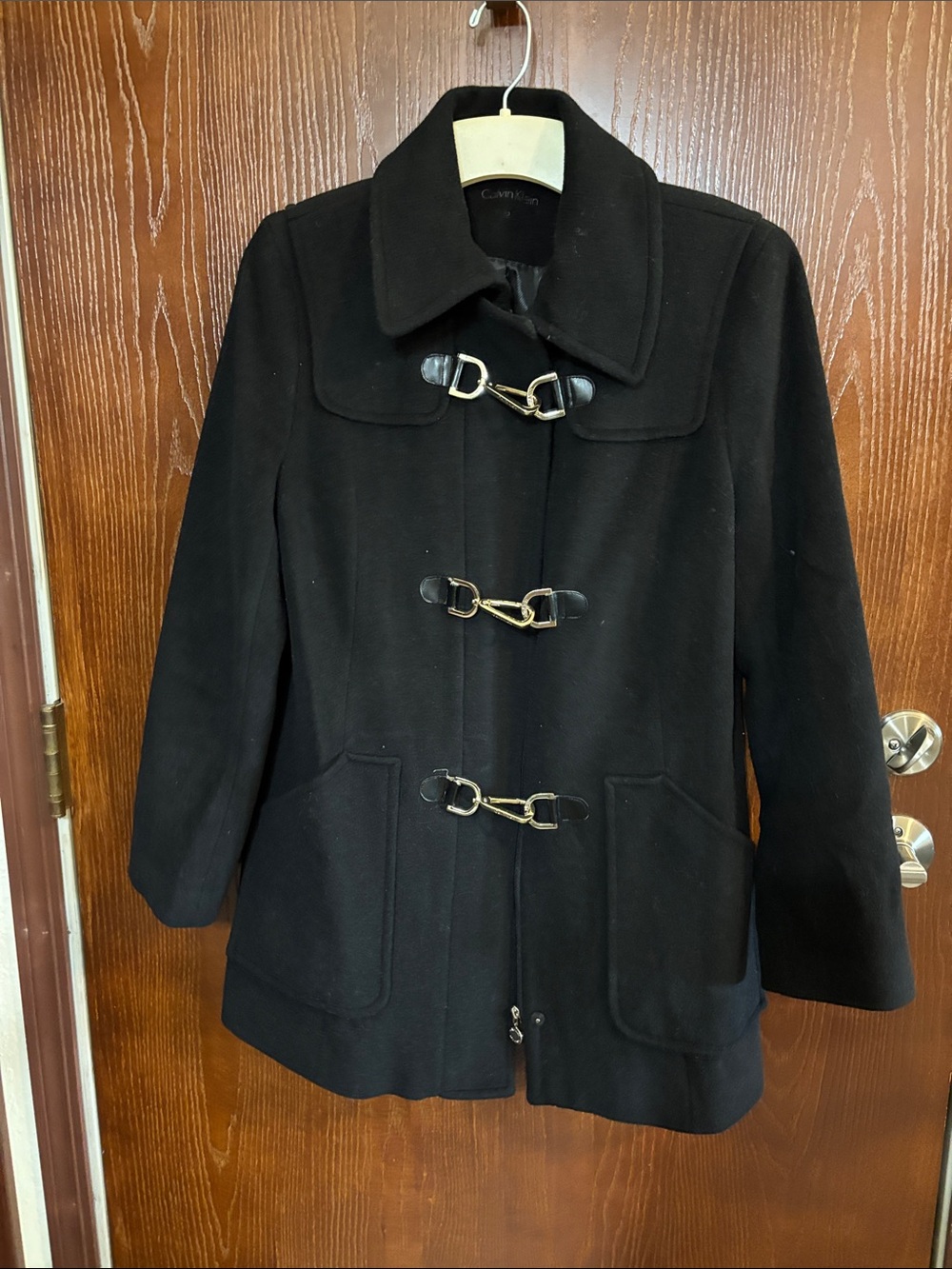 Calvin Klein Black Wool Blend Toggle Pea Coat EUC size 12